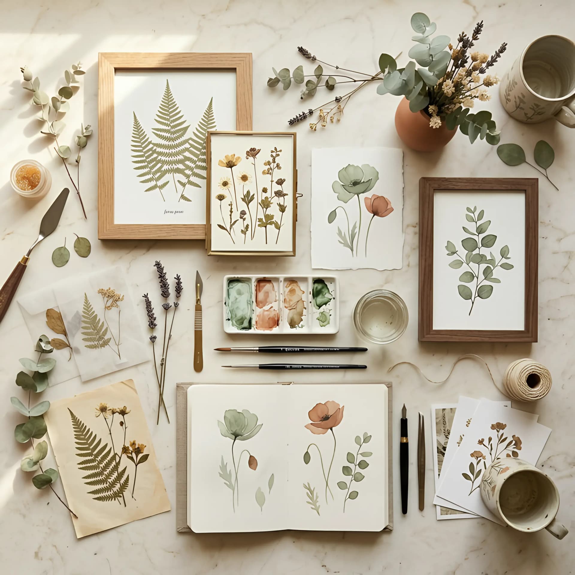 Botanical art studio workspace with pressed botanicals, watercolour prints and art tools
