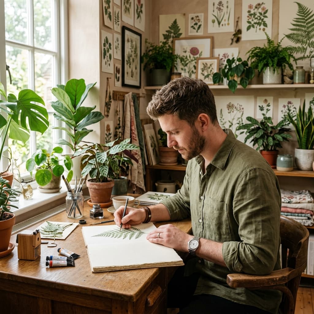 The designer sketching botanical illustrations in his studio