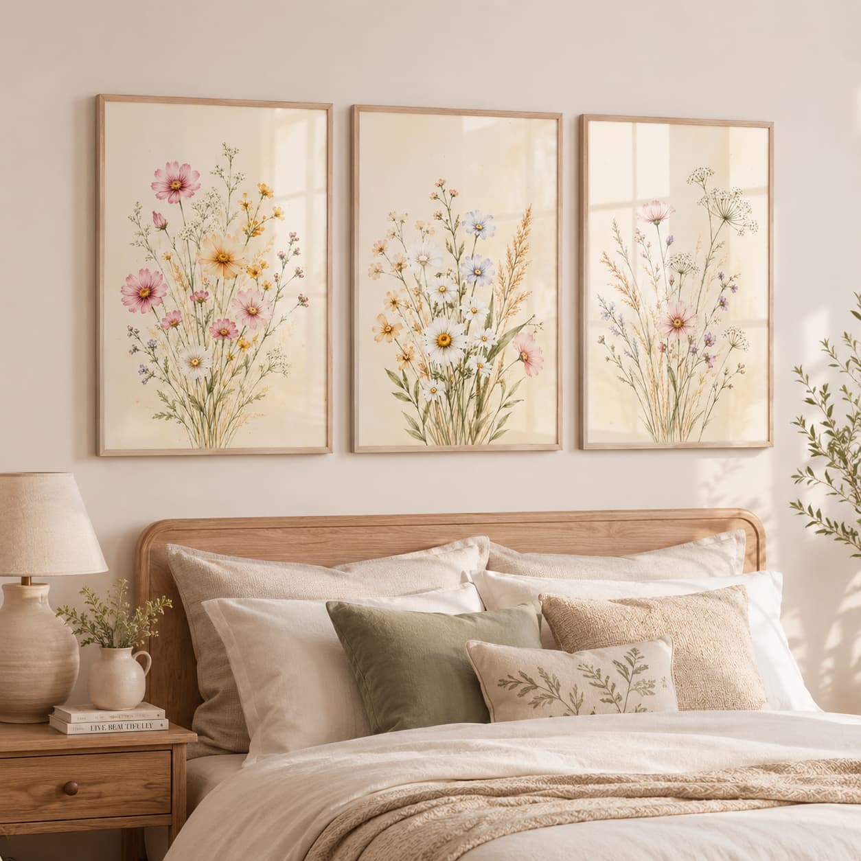 Meadowlight Wildflowers – Soft Botanical Framed Wall Art Set for Serene Bedrooms — view 1