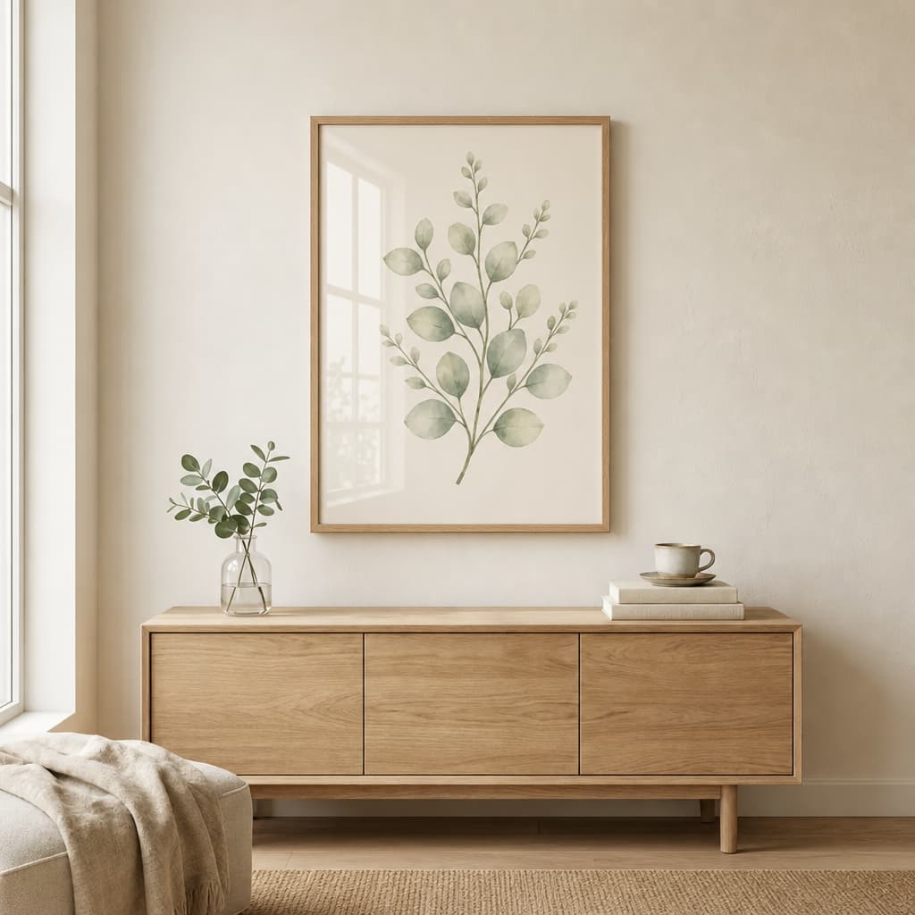 Layered Sage Leaves Framed Botanical Wall Art — Minimalist Watercolor — view 1