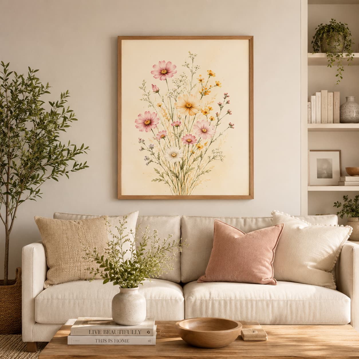 Wildflower Meadow Framed Wall Art – Soft Watercolor Floral Decor for Living Room or Bedroom — thumbnail 2