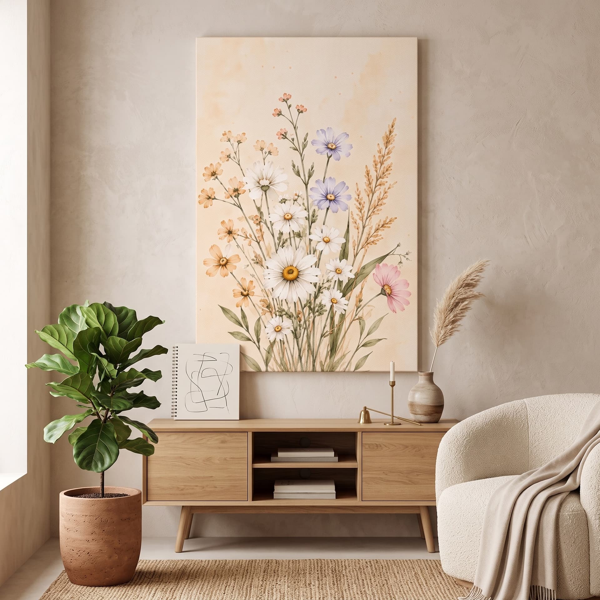 Minimalist Wildflower Canvas Wall Art – Airy Neutral Botanical Print — view 1