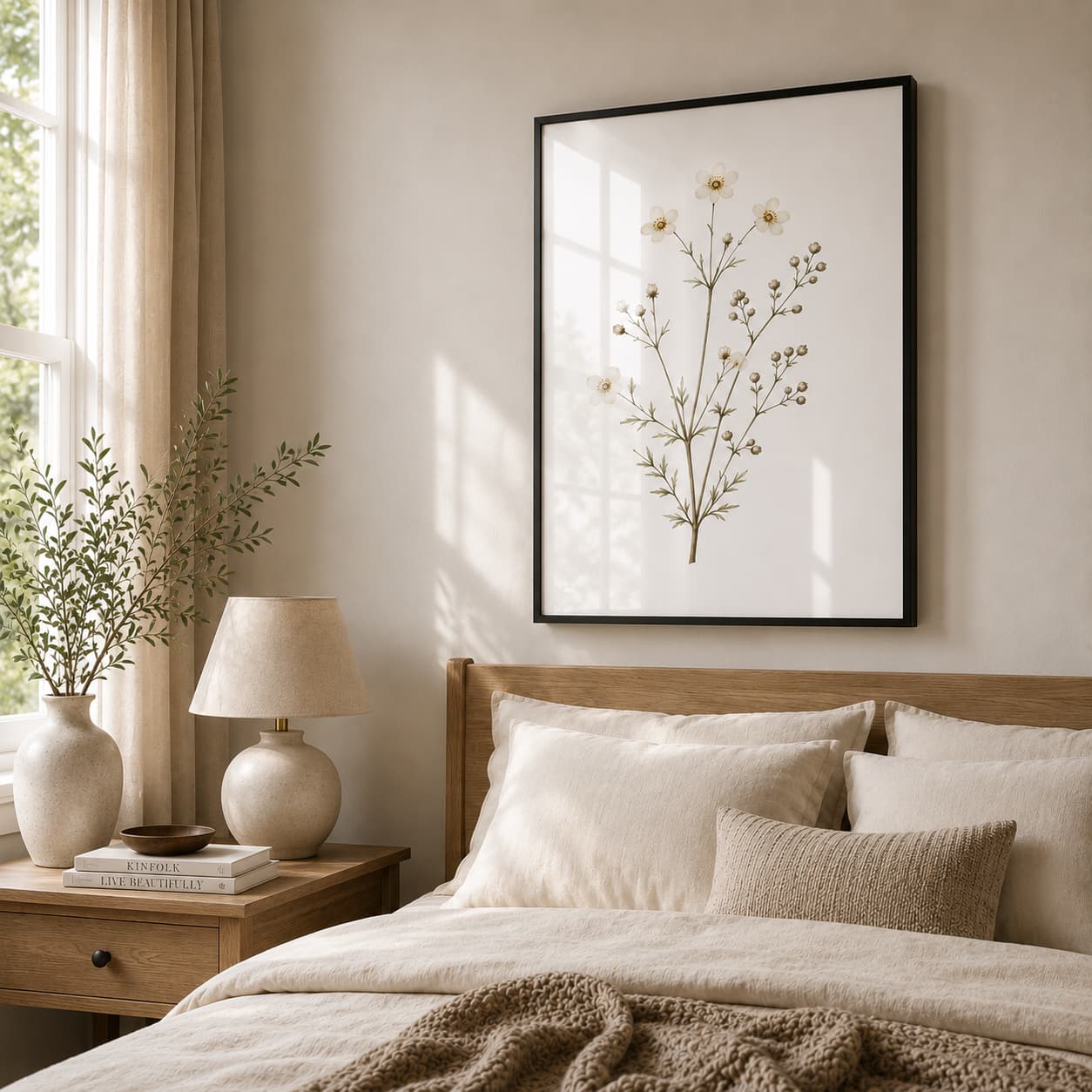White Cosmos Botanical Framed Wall Art – Soft Minimalist Floral Illustration — view 1