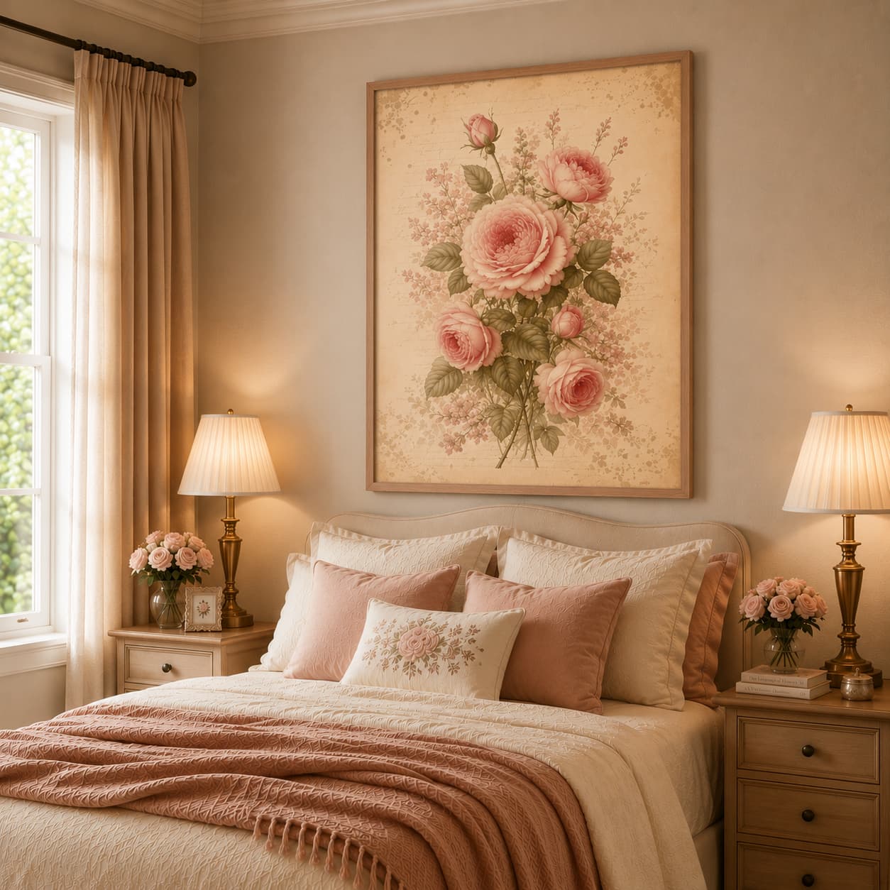 Antique Rose Floral Framed Wall Art – Soft Vintage Botanical on Parchment Background — thumbnail 2