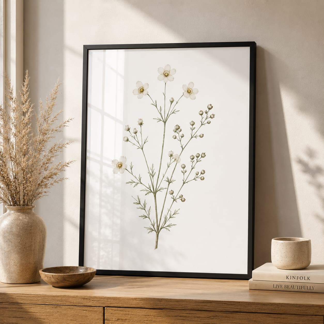 White Cosmos Botanical Framed Wall Art – Soft Minimalist Floral Illustration — thumbnail 2