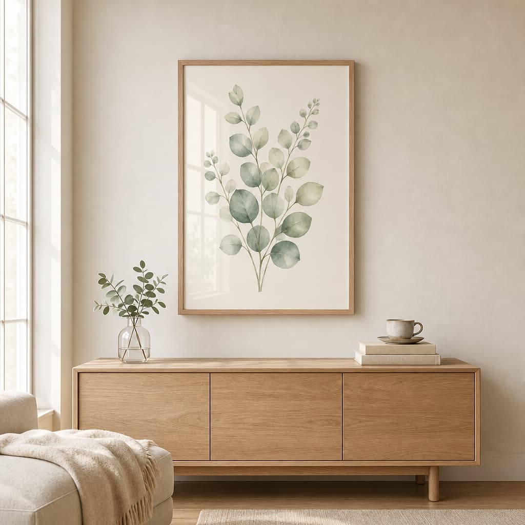 Eucalyptus Stem Framed Botanical Wall Art — Minimalist Watercolor — Premium Botanical Wall Art