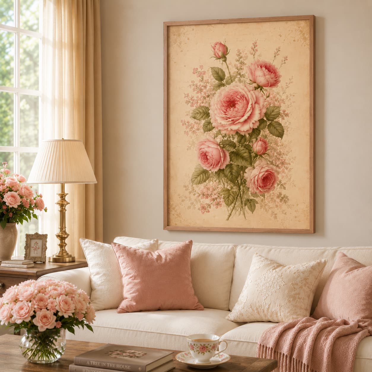 Antique Rose Floral Framed Wall Art – Soft Vintage Botanical on Parchment Background — view 1