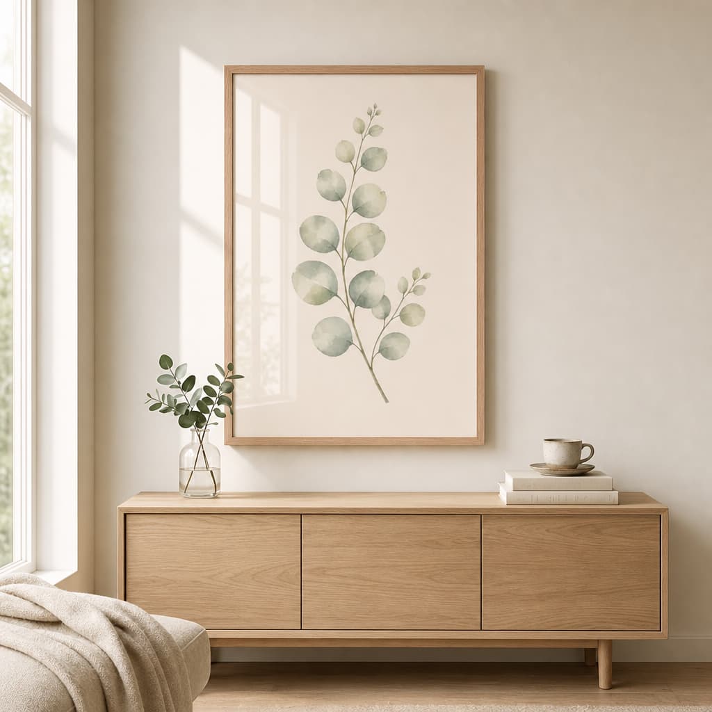Eucalyptus Branch Framed Botanical Wall Art — Minimalist Watercolor — Premium Botanical Wall Art