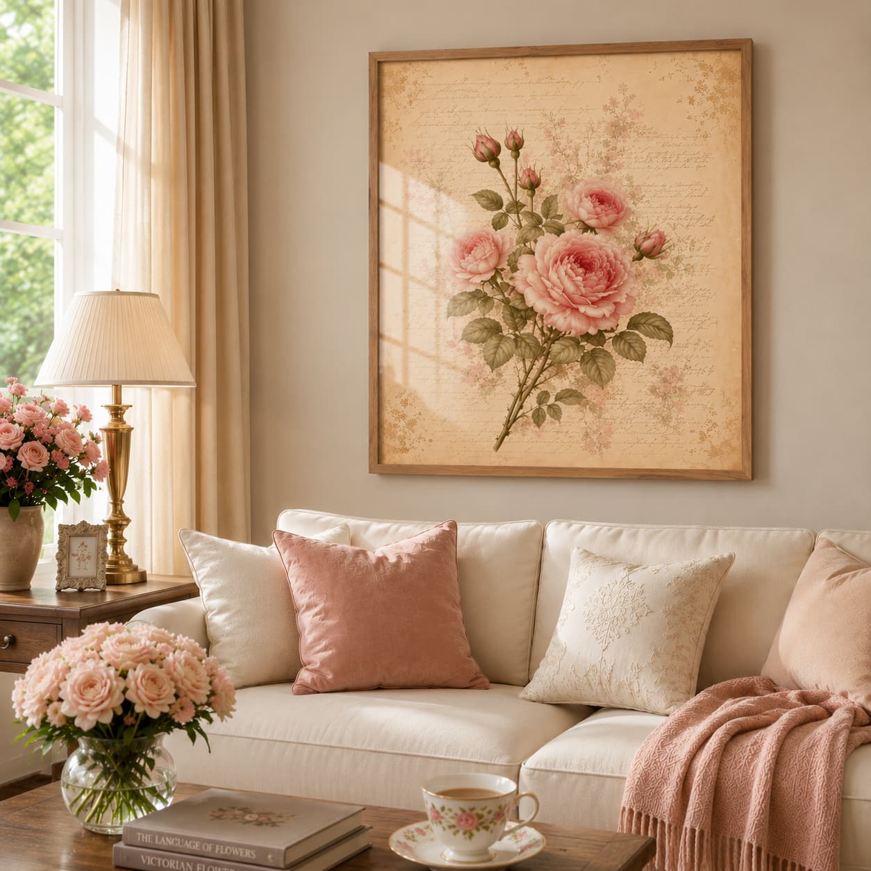  Vintage Rose Manuscript Framed Wall Art – Romantic Floral Print with Antique Script Background — Premium Botanical Wall Art
