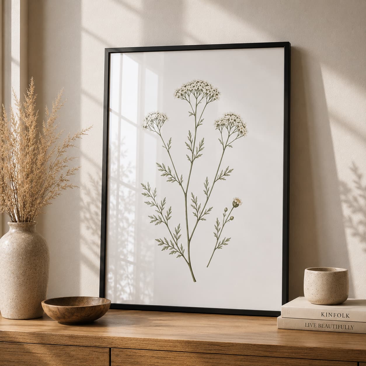 White Yarrow Botanical Framed Wall Art – Minimalist Wildflower Illustration on White Background — thumbnail 2
