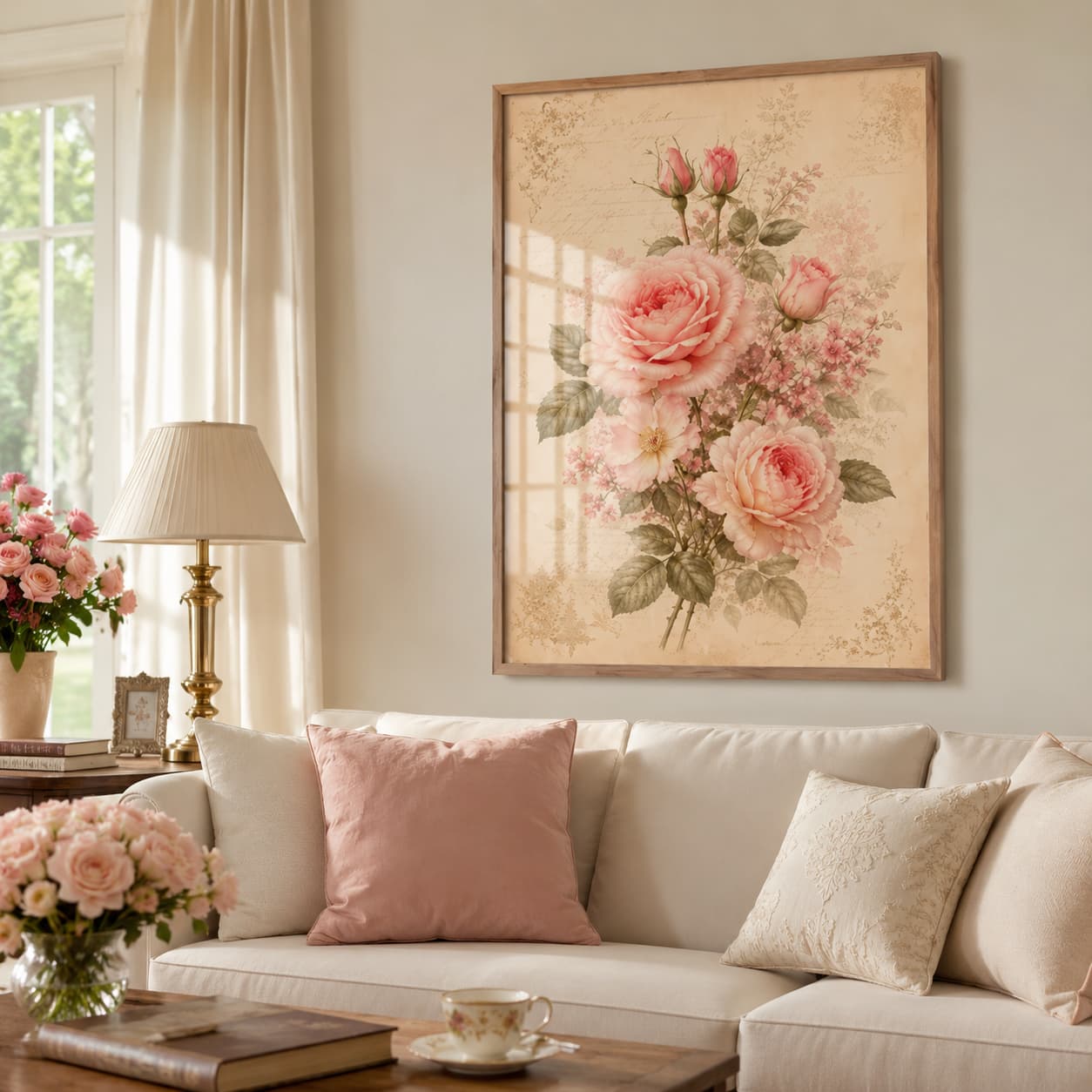 Romantic Blush Rose Botanical Framed Wall Art – Vintage Floral Wall Art for Elegant Interiors — Premium Botanical Wall Art