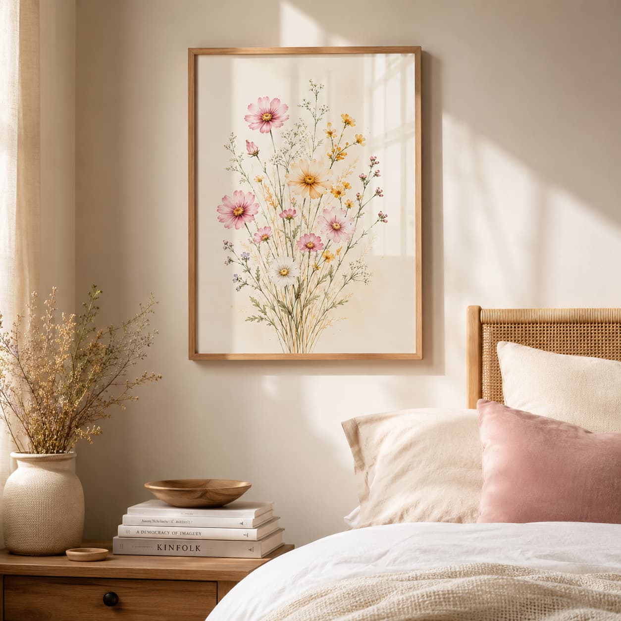 Wildflower Meadow Framed Wall Art – Soft Watercolor Floral Decor for Living Room or Bedroom — Premium Botanical Wall Art