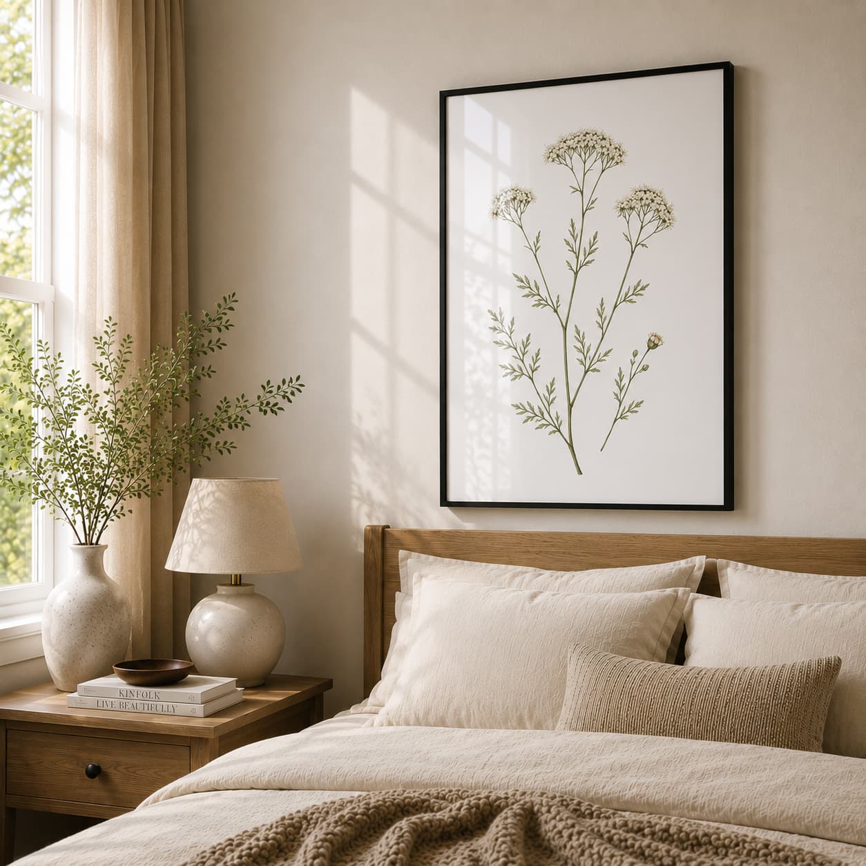 White Yarrow Botanical Framed Wall Art – Minimalist Wildflower Illustration on White Background — Premium Botanical Wall Art