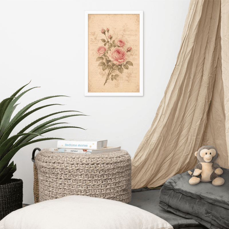  Vintage Rose Manuscript Framed Wall Art – Romantic Floral Print with Antique Script Background — thumbnail 13