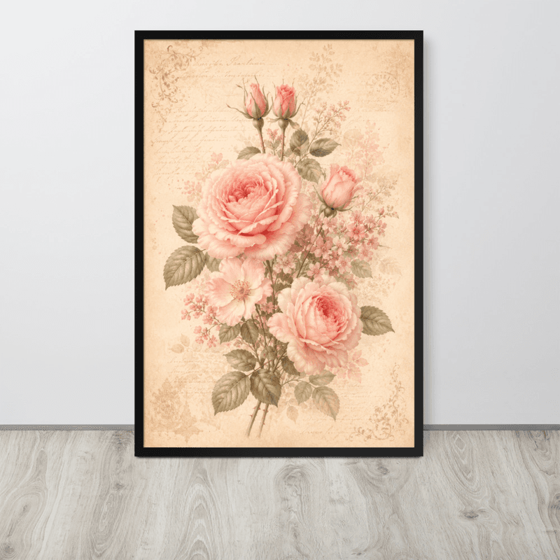 View Romantic Blush Rose Botanical Framed Wall Art – Vintage Floral Wall Art for Elegant Interiors — Black / 24″×36″