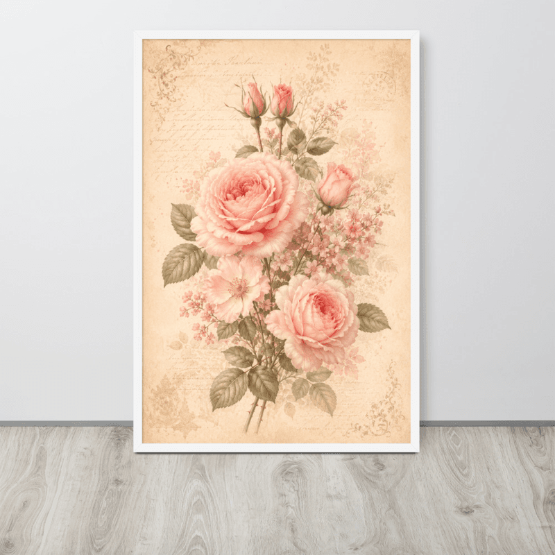 View Romantic Blush Rose Botanical Framed Wall Art – Vintage Floral Wall Art for Elegant Interiors — White / 24″×36″