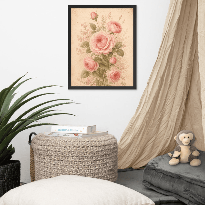 Antique Rose Floral Framed Wall Art – Soft Vintage Botanical on Parchment Background — thumbnail 4