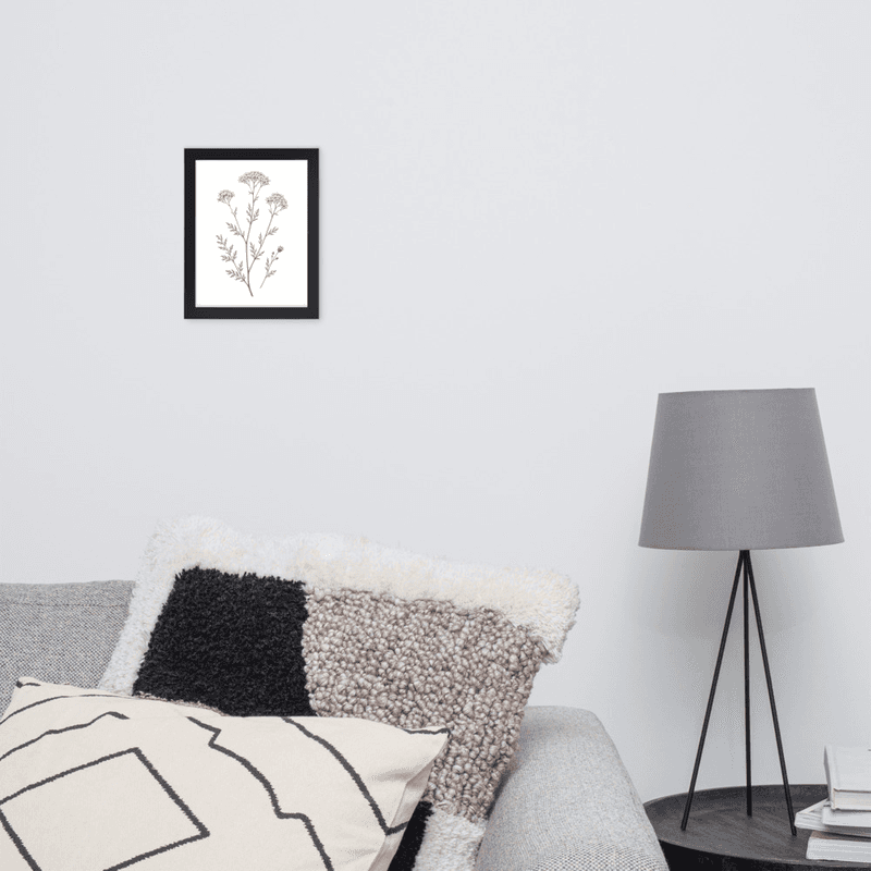 White Yarrow Botanical Framed Wall Art – Minimalist Wildflower Illustration on White Background — thumbnail 3