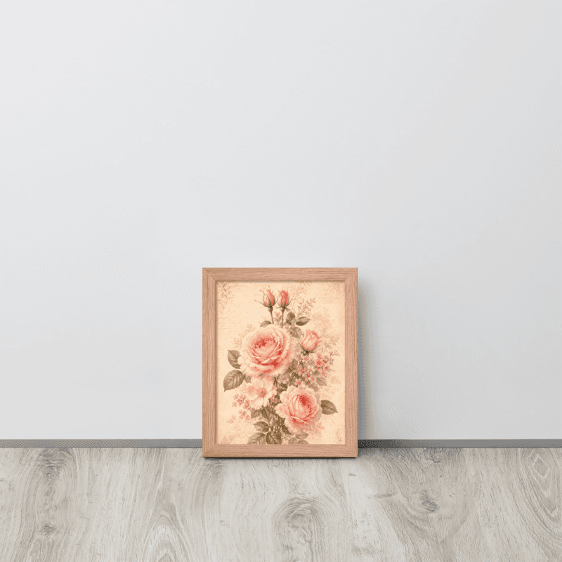 View Romantic Blush Rose Botanical Framed Wall Art – Vintage Floral Wall Art for Elegant Interiors — Red Oak / 8″×10″