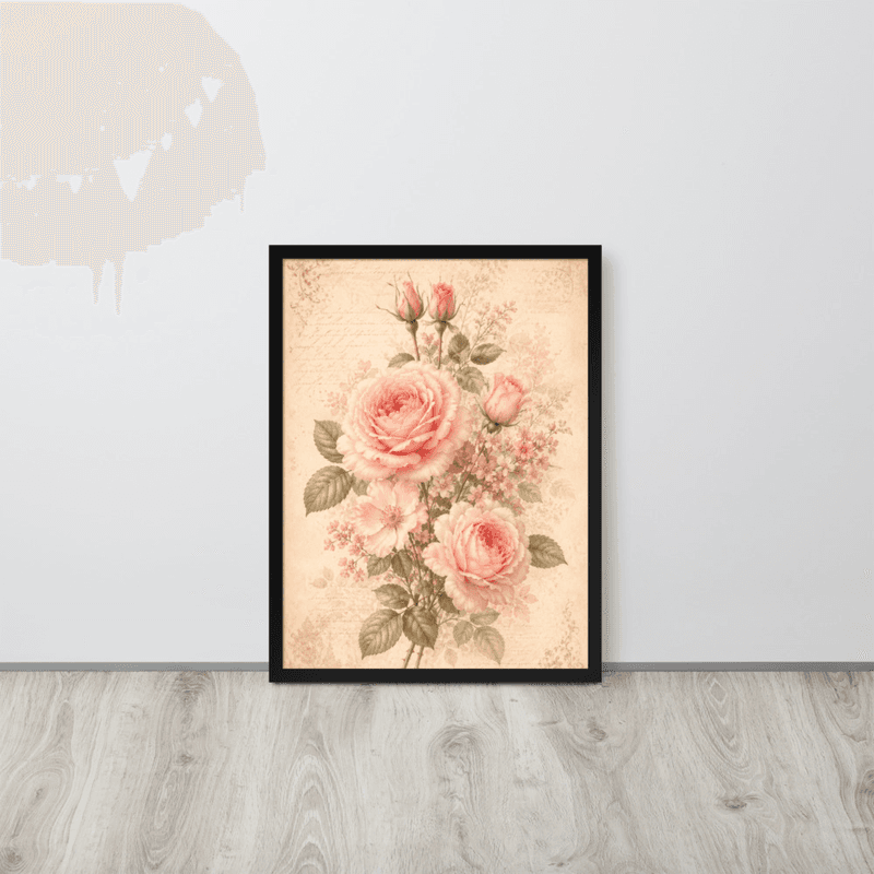 View Romantic Blush Rose Botanical Framed Wall Art – Vintage Floral Wall Art for Elegant Interiors — Black / 18″×24″