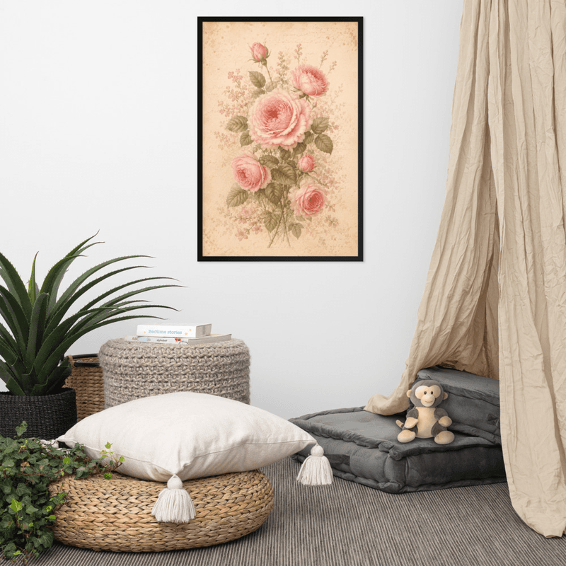 Antique Rose Floral Framed Wall Art – Soft Vintage Botanical on Parchment Background — thumbnail 6