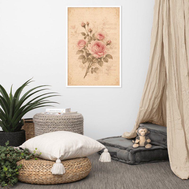  Vintage Rose Manuscript Framed Wall Art – Romantic Floral Print with Antique Script Background — thumbnail 16