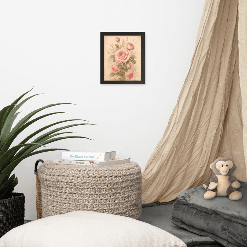 Antique Rose Floral Framed Wall Art – Soft Vintage Botanical on Parchment Background — thumbnail 2