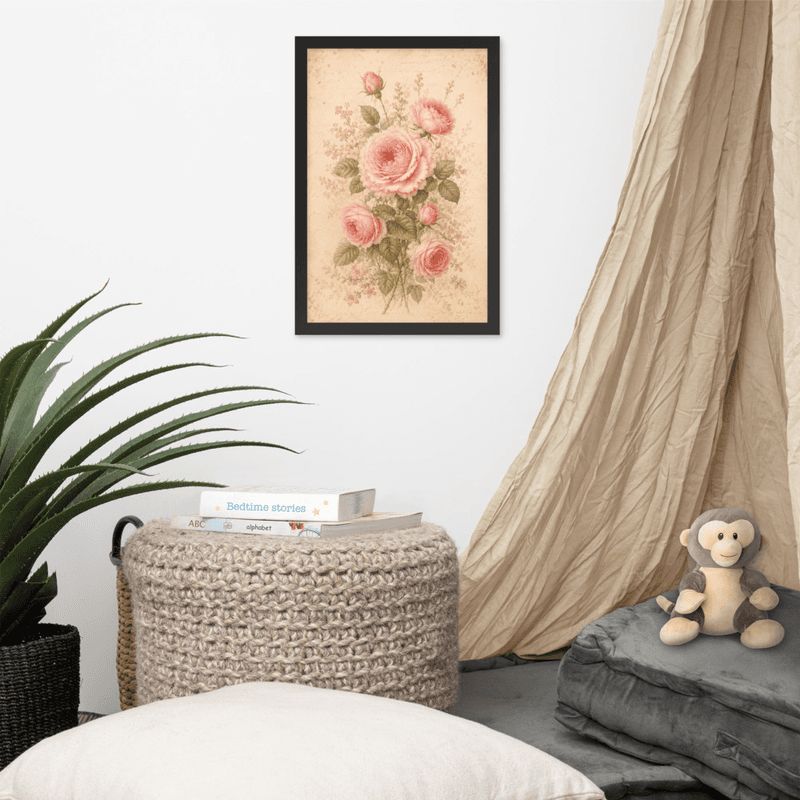 Antique Rose Floral Framed Wall Art – Soft Vintage Botanical on Parchment Background — thumbnail 3