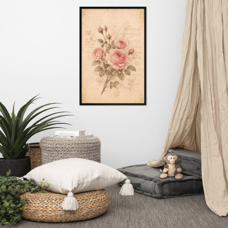  Vintage Rose Manuscript Framed Wall Art – Romantic Floral Print with Antique Script Background — thumbnail 6