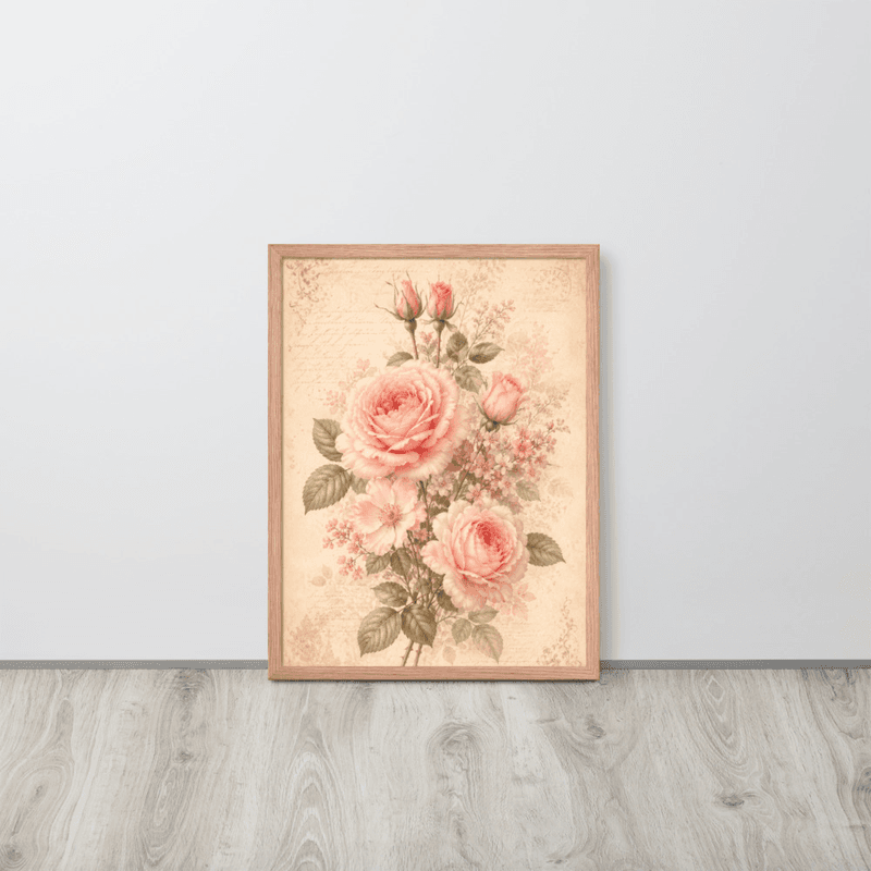 View Romantic Blush Rose Botanical Framed Wall Art – Vintage Floral Wall Art for Elegant Interiors — Red Oak / 18″×24″
