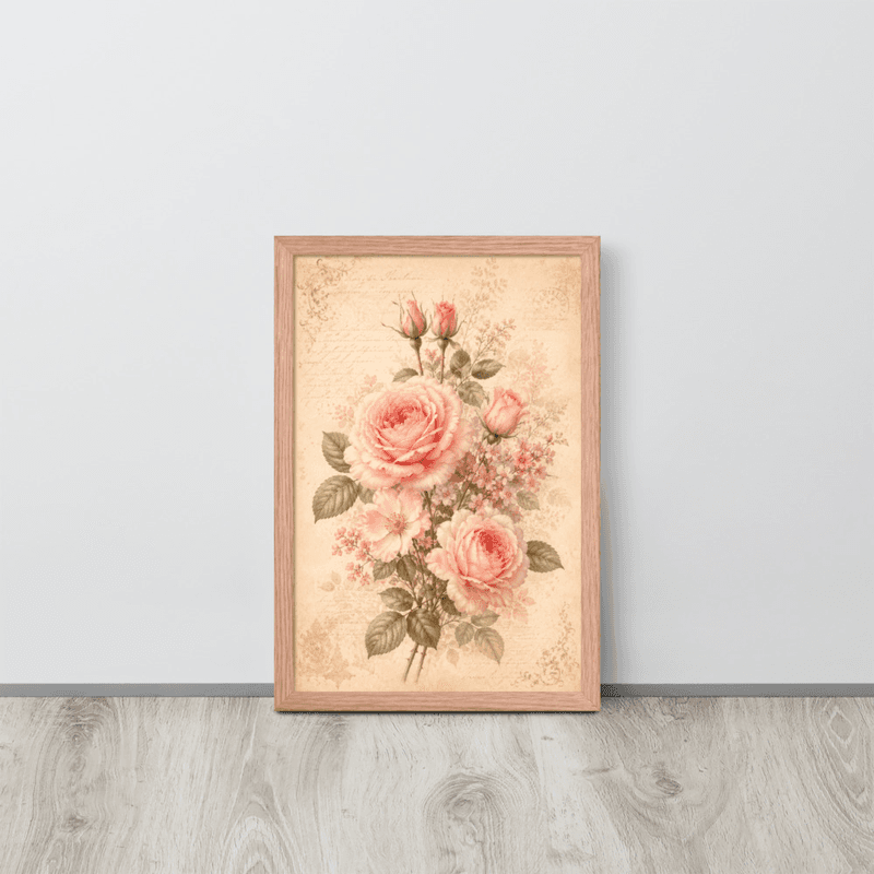 View Romantic Blush Rose Botanical Framed Wall Art – Vintage Floral Wall Art for Elegant Interiors — Red Oak / 12″×18″