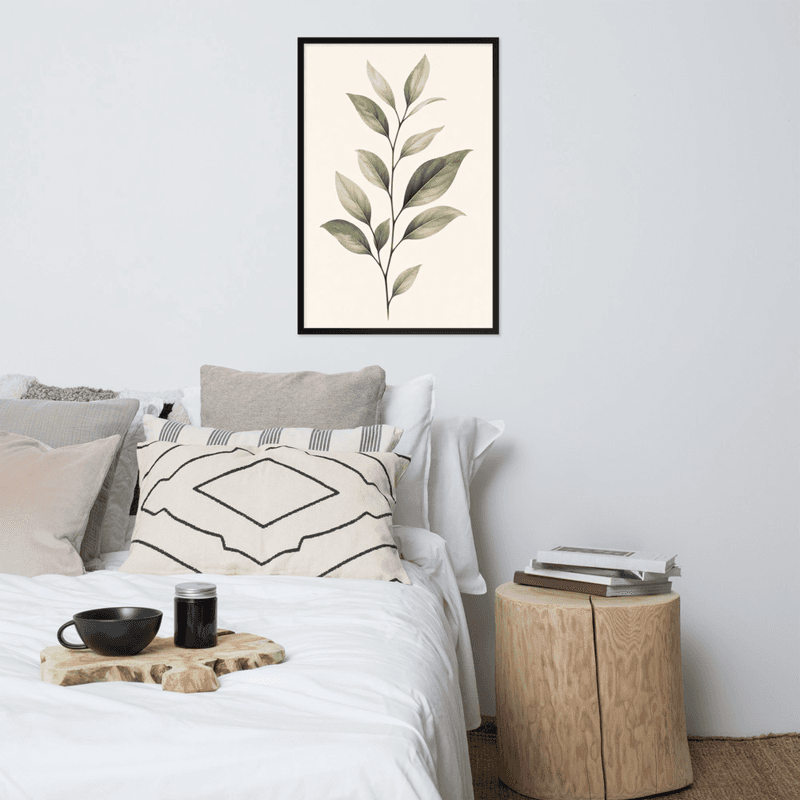 Minimalist Botanical Wall Art – Single Leaf Stem Print, Neutral Green Scandinavian Plant Decor — Premium Botanical Art Print