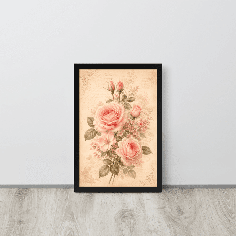View Romantic Blush Rose Botanical Framed Wall Art – Vintage Floral Wall Art for Elegant Interiors — Black / 12″×18″