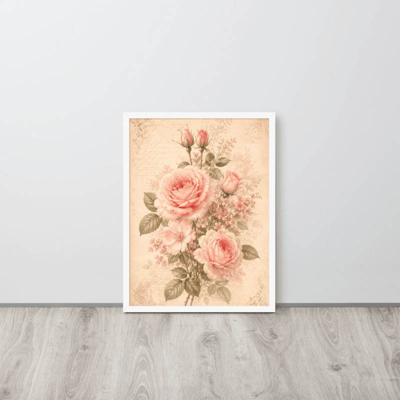 View Romantic Blush Rose Botanical Framed Wall Art – Vintage Floral Wall Art for Elegant Interiors — White / 18″×24″
