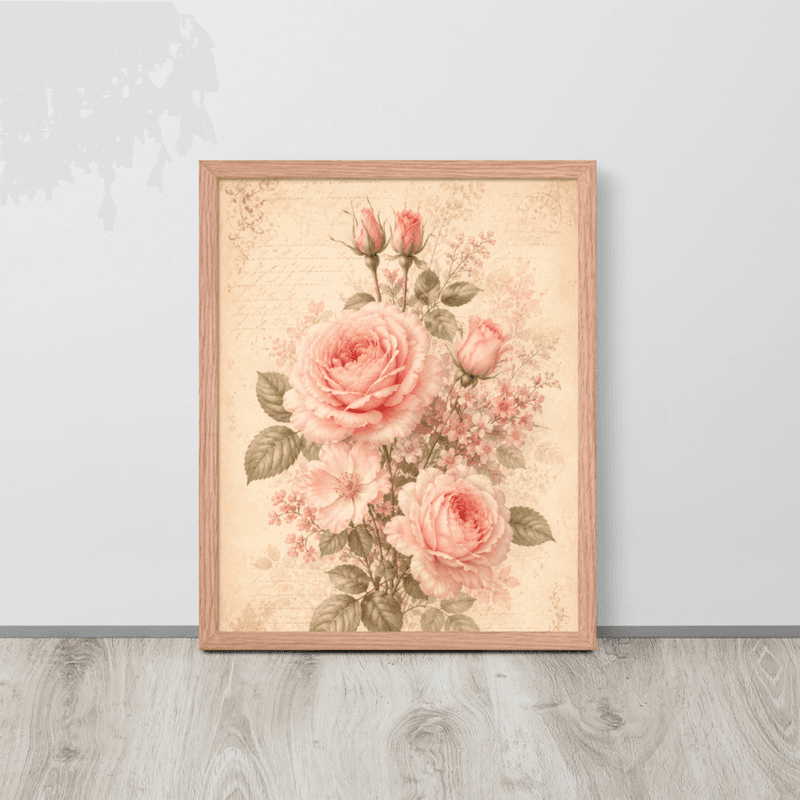View Romantic Blush Rose Botanical Framed Wall Art – Vintage Floral Wall Art for Elegant Interiors — Red Oak / 16″×20″
