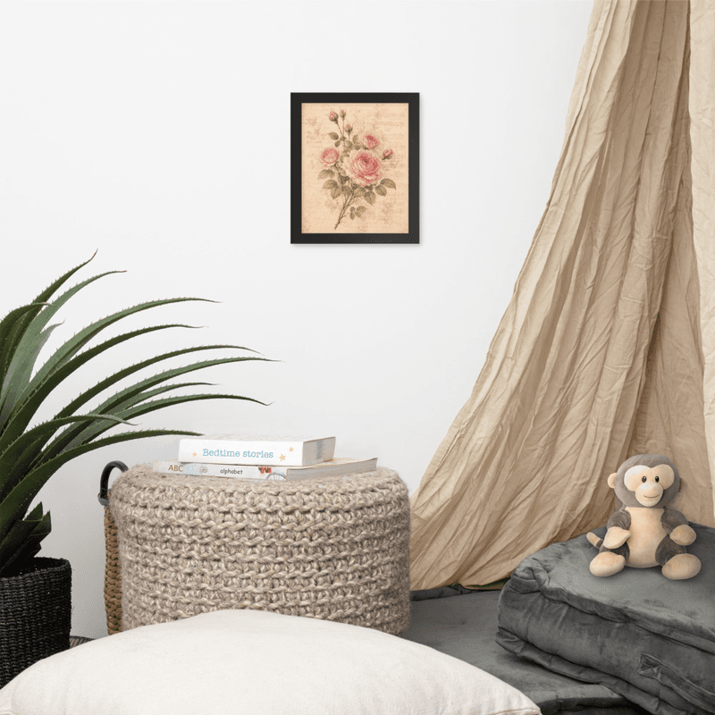  Vintage Rose Manuscript Framed Wall Art – Romantic Floral Print with Antique Script Background — thumbnail 2