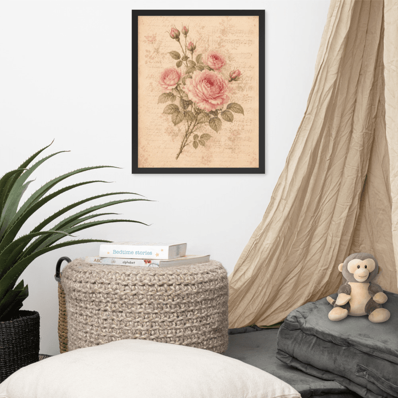  Vintage Rose Manuscript Framed Wall Art – Romantic Floral Print with Antique Script Background — thumbnail 4