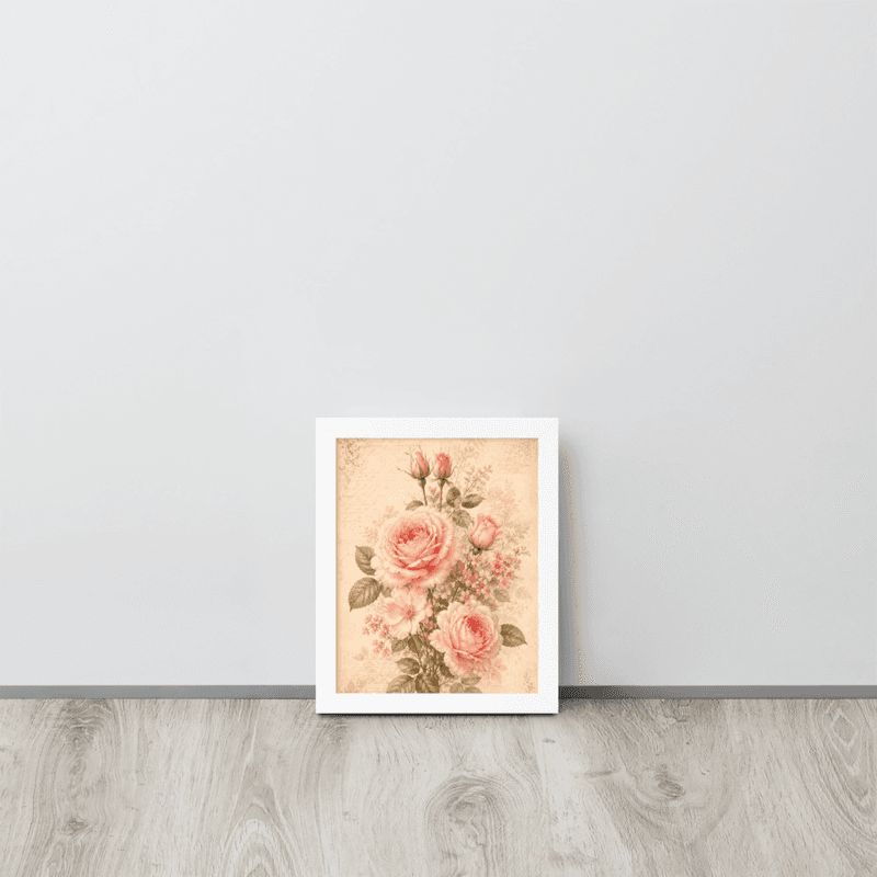 View Romantic Blush Rose Botanical Framed Wall Art – Vintage Floral Wall Art for Elegant Interiors — White / 8″×10″
