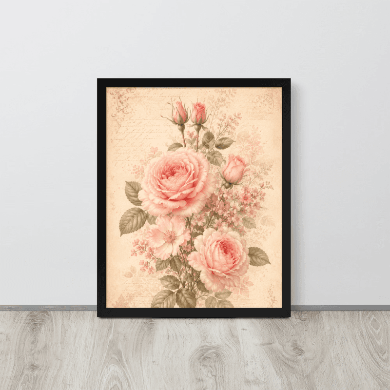 View Romantic Blush Rose Botanical Framed Wall Art – Vintage Floral Wall Art for Elegant Interiors — Black / 16″×20″