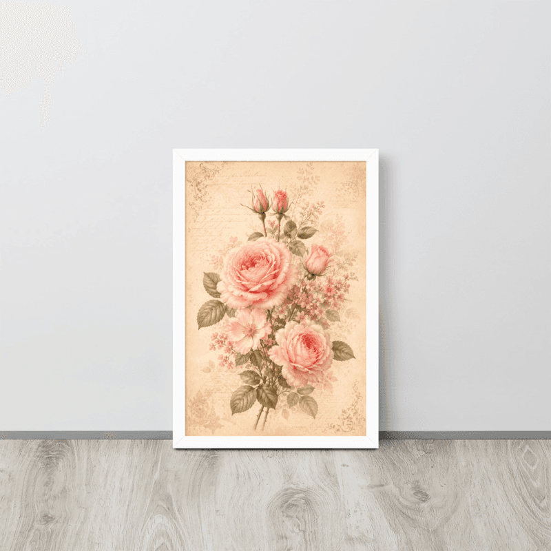 View Romantic Blush Rose Botanical Framed Wall Art – Vintage Floral Wall Art for Elegant Interiors — White / 12″×18″