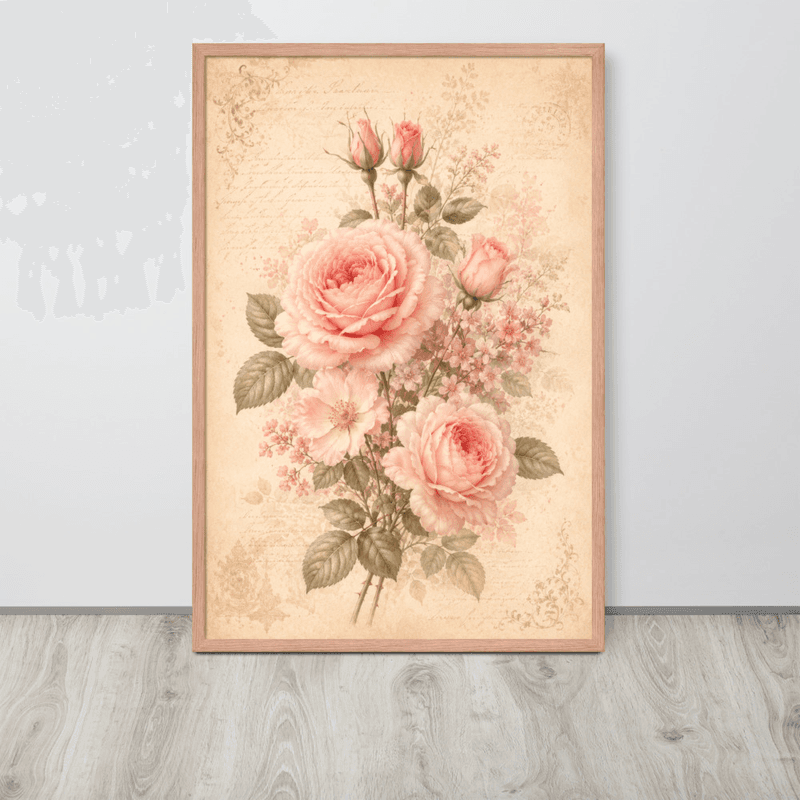 View Romantic Blush Rose Botanical Framed Wall Art – Vintage Floral Wall Art for Elegant Interiors — Red Oak / 24″×36″