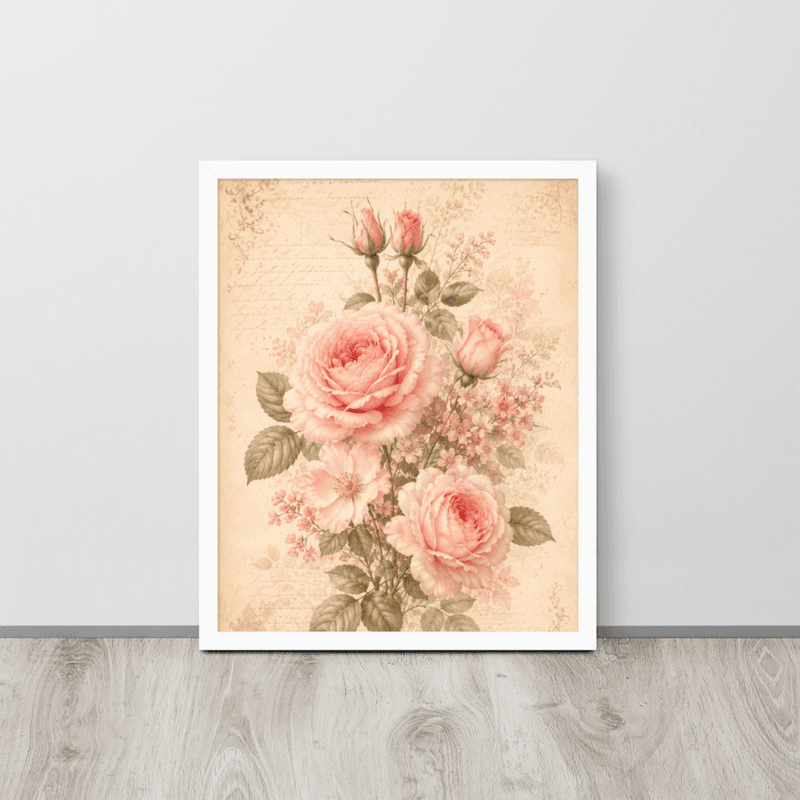 View Romantic Blush Rose Botanical Framed Wall Art – Vintage Floral Wall Art for Elegant Interiors — White / 16″×20″