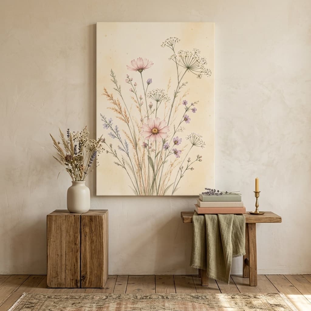 Soft Botanical Wildflower Canvas Wall Art – Elegant Neutral Floral Art — view 1