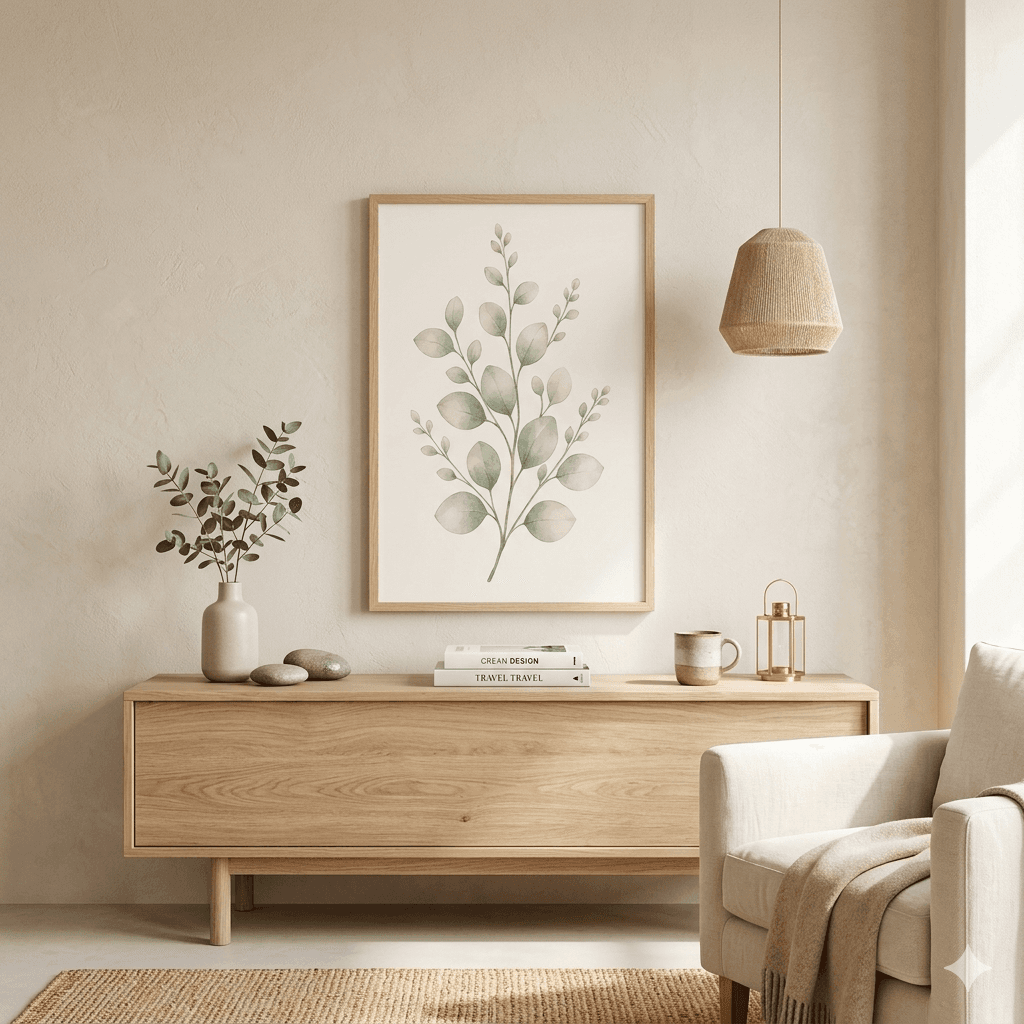 Soft Sage Botanical Wall Art in Natural Wood Frame – Minimal Greenery for Calm Interiors — view 1